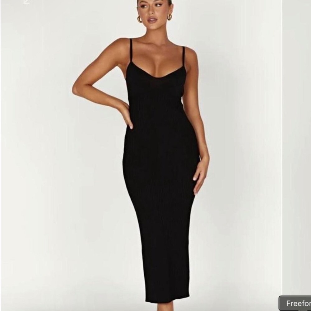 MESHKI Avalon Black Ribbed Spaghetti Strap Midi Dress Open Back‎ Size S